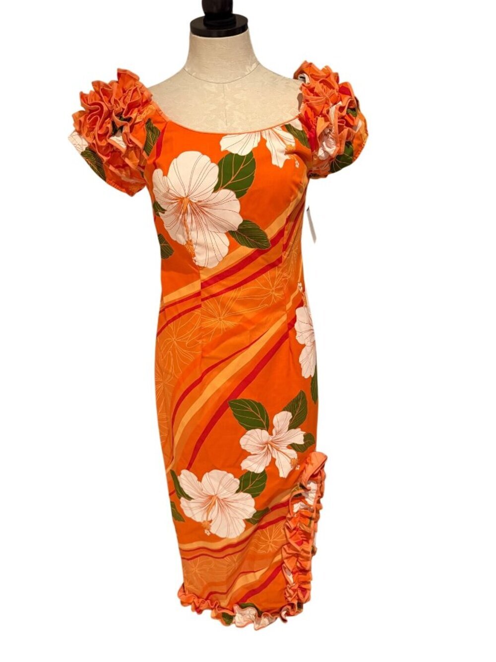Royal Creations Womens Hibiscus Ruffle Bodycon Long Dress Size S Orange Hawaiian